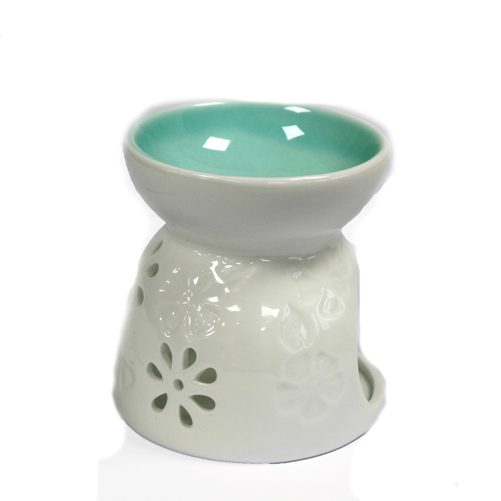 White with Teal Well Floral Oil Burner 2 White with Teal Well Floral Oil Burner