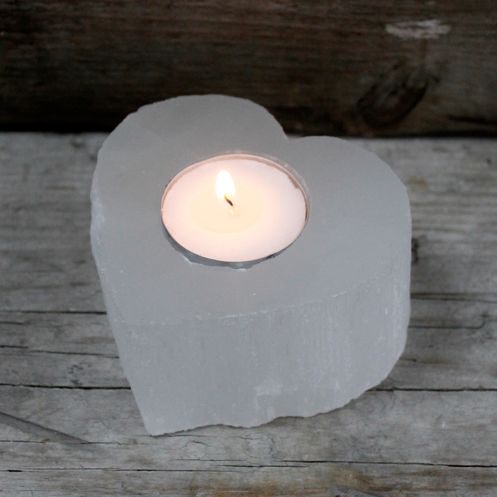 Selenite Heart Candle Holder 2 Selenite Heart Candle Holder