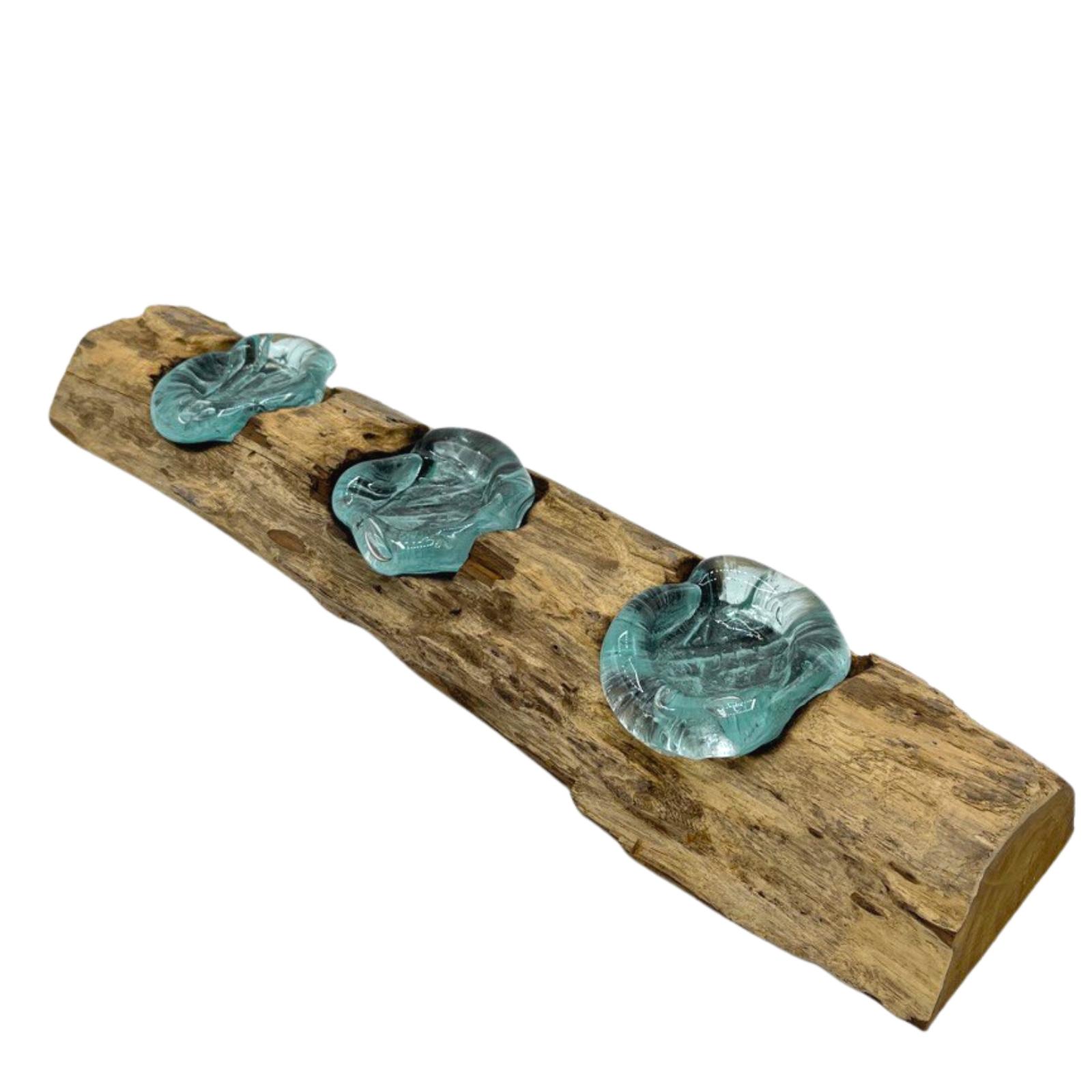Molten Glass Flat Triple Candle Holder on Wood 2 Molten Glass Flat Triple Candle Holder on Wood