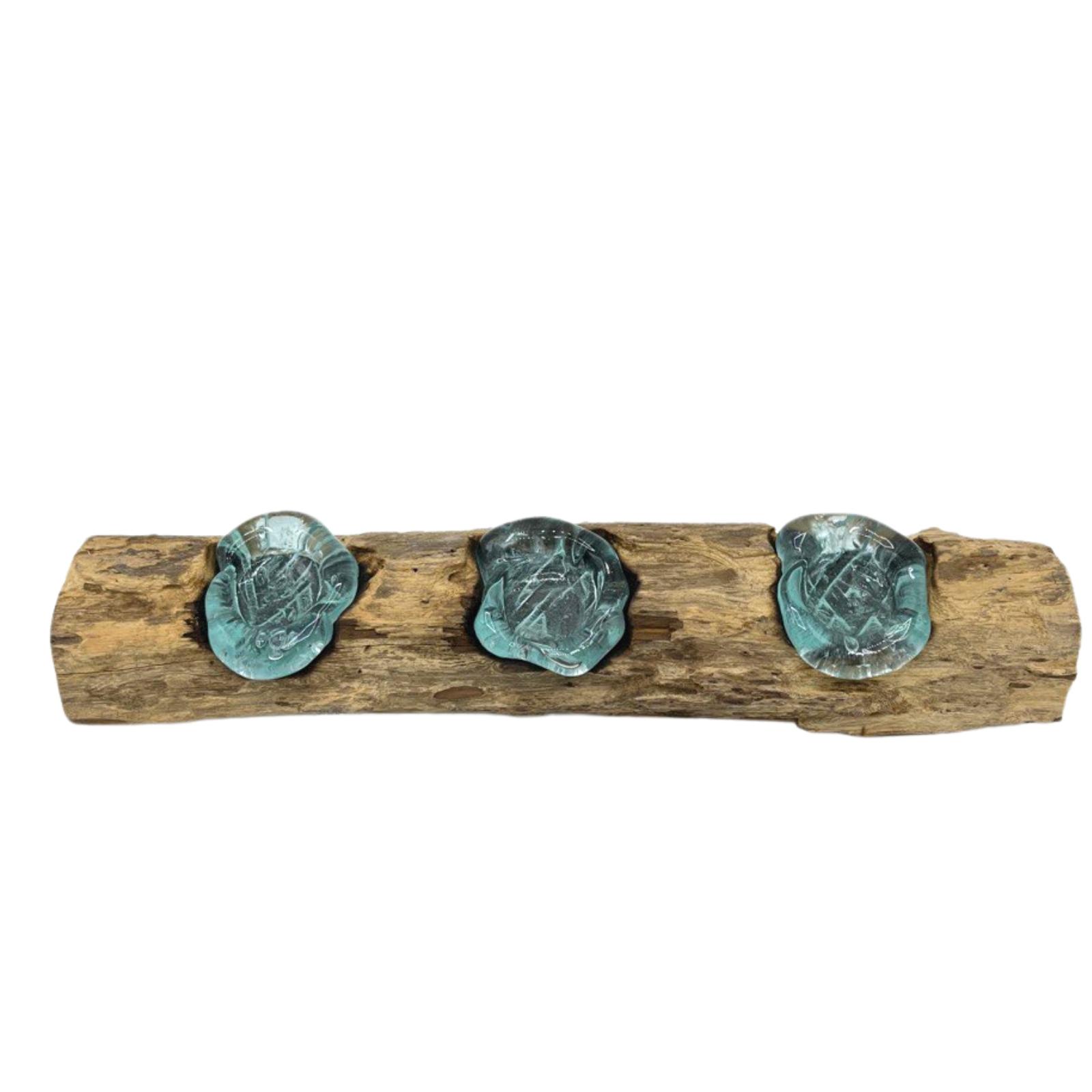 Molten Glass Flat Triple Candle Holder on Wood Molten Glass Flat Triple Candle Holder on Wood
