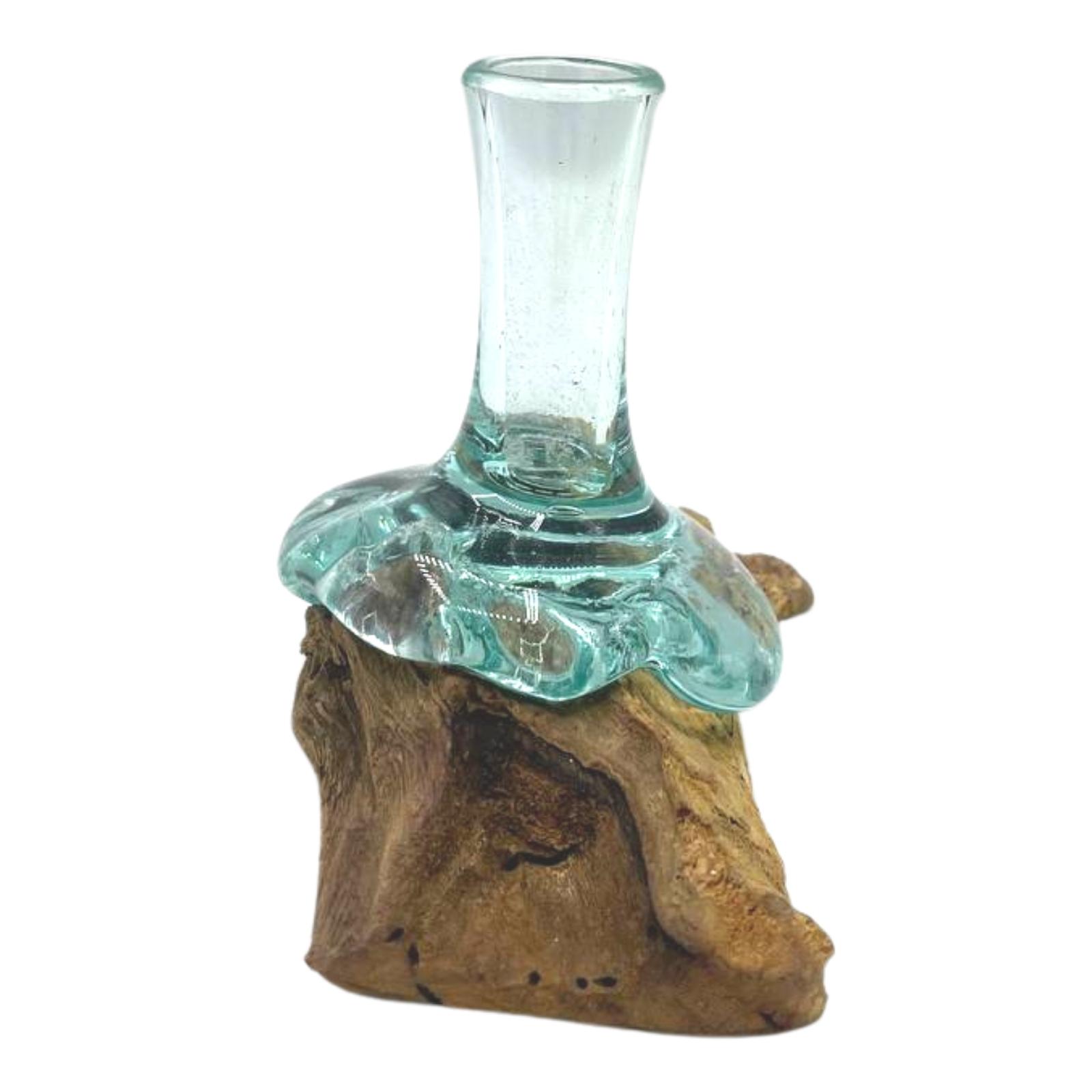 Molten Glass Small Flower Vase on Wood 2 Molten Glass Small Flower Vase on Wood