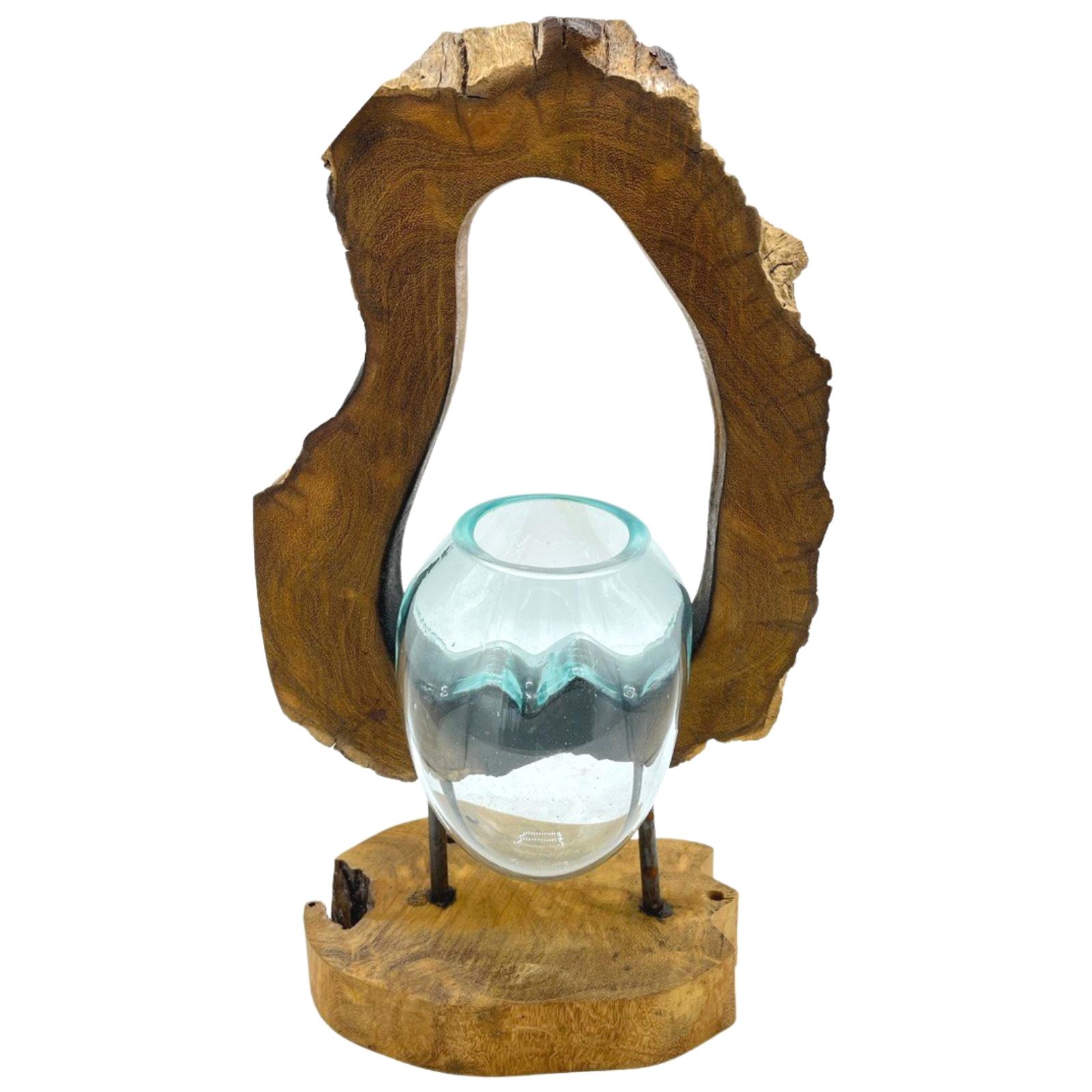 Molten Glass Hanging Art Vase on Wood Molten Glass Hanging Art Vase on Wood