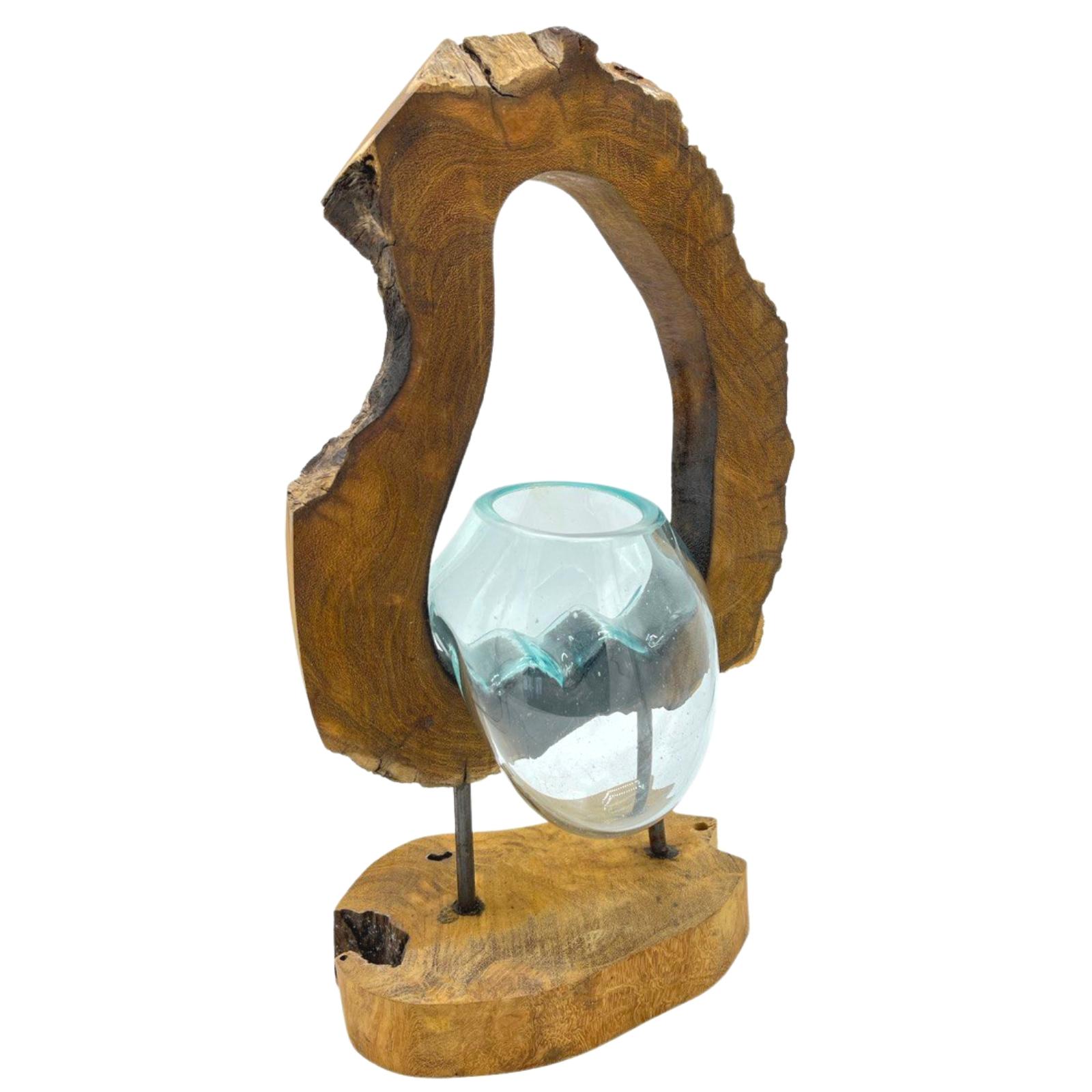 Molten Glass Hanging Art Vase on Wood 2 Molten Glass Hanging Art Vase on Wood