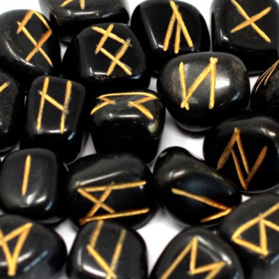 Runes Stone Set in Pouch – Black Agate