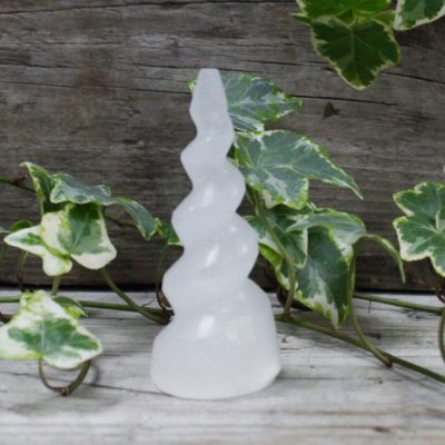 Selenite Spiral Unicorn Horn Tower – 10 cm