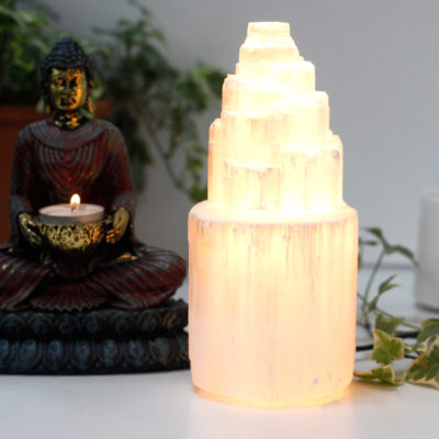 Natural Selenite Tower Lamp – 20cm