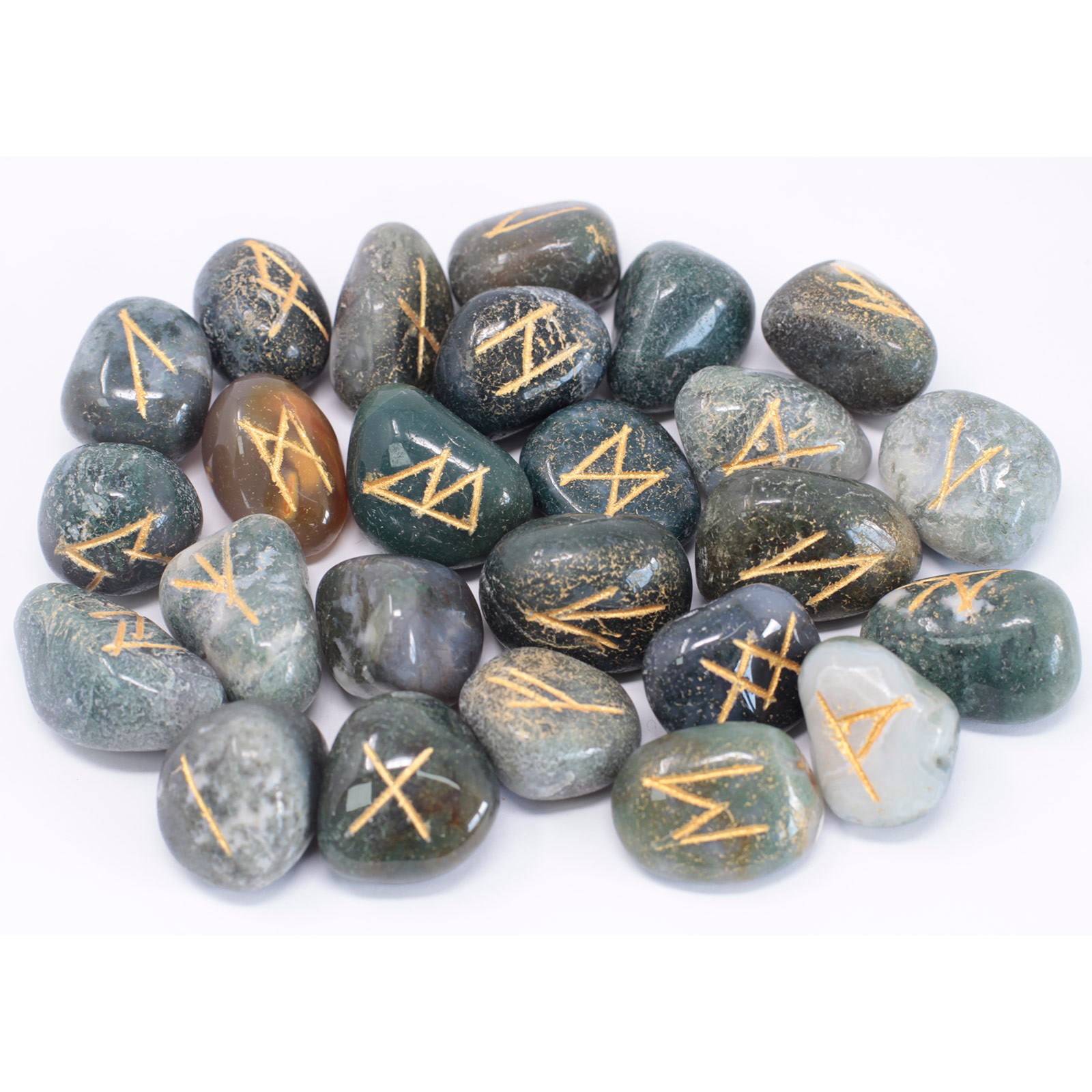 Runes Stone Set in Pouch – Moss Agate Runes Stone Set in Pouch – Moss Agate