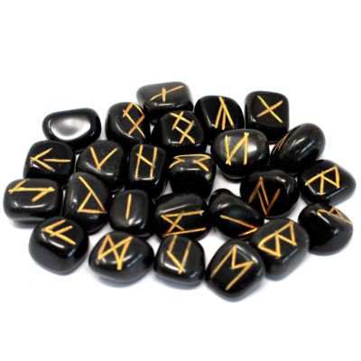 Runes Stone Set in Pouch – Black Agate