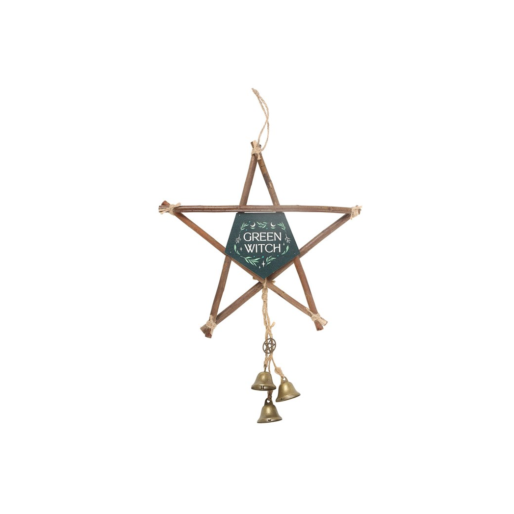 Green Witch Hanging Willow Pentagram with Bells 2 Green Witch Hanging Willow Pentagram with Bells