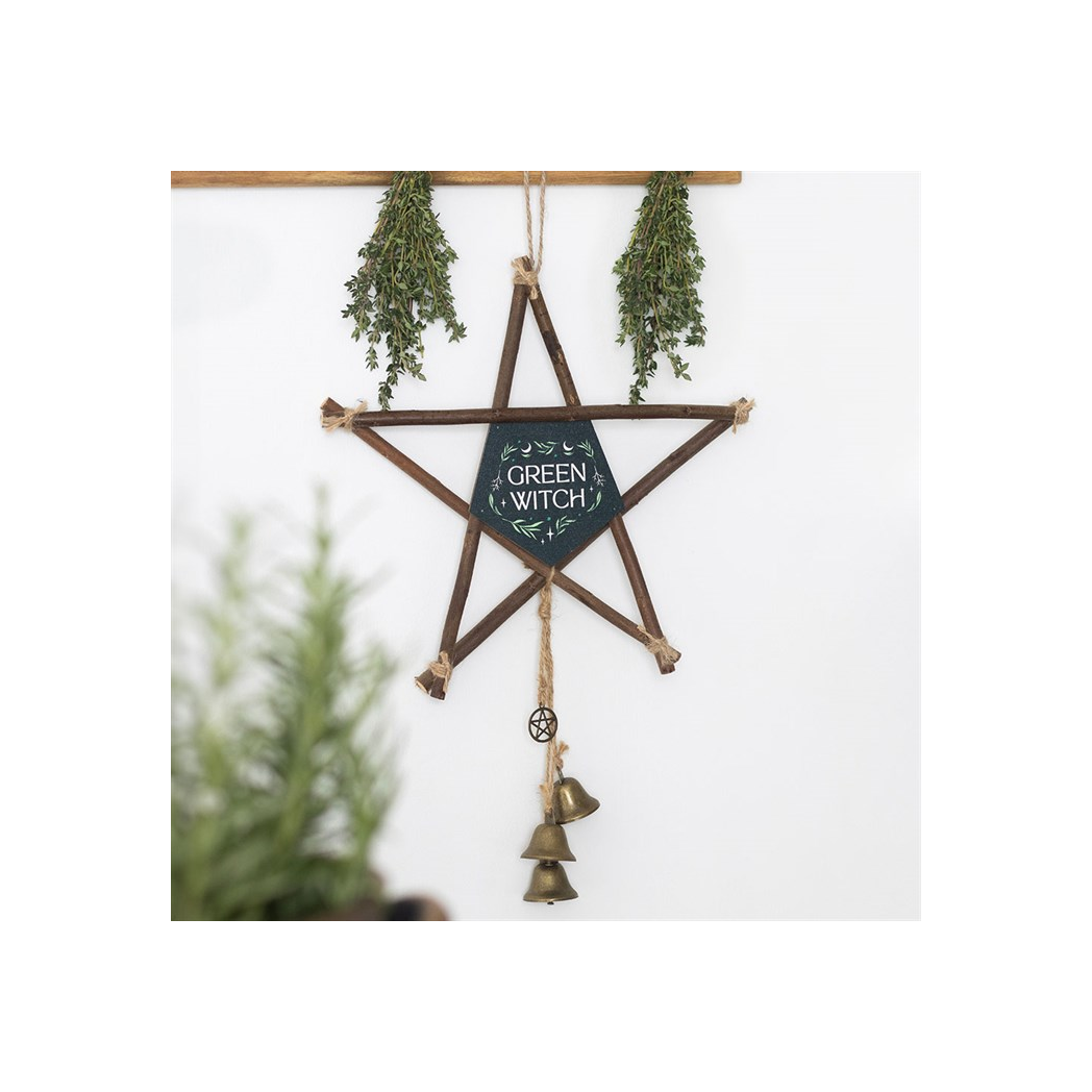 Green Witch Hanging Willow Pentagram with Bells Green Witch Hanging Willow Pentagram with Bells