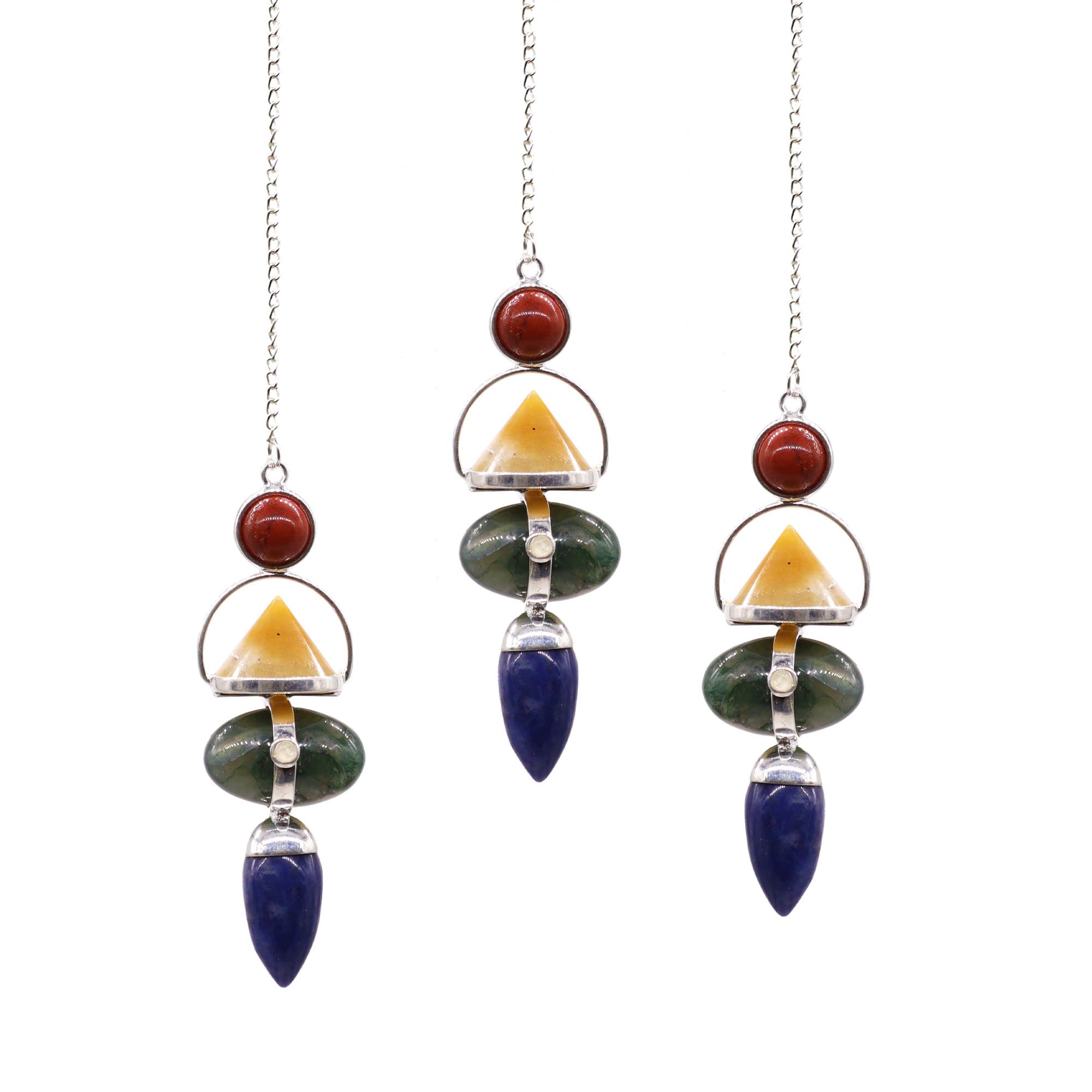 Four Elements Gemstone Pendulum – Red Jasper, Yellow Adventurine, Moss Agate, Sodalite & Moonstone Four Elements Gemstone Pendulum – Red Jasper, Yellow Adventurine, Moss Agate, Sodalite & Moonstone