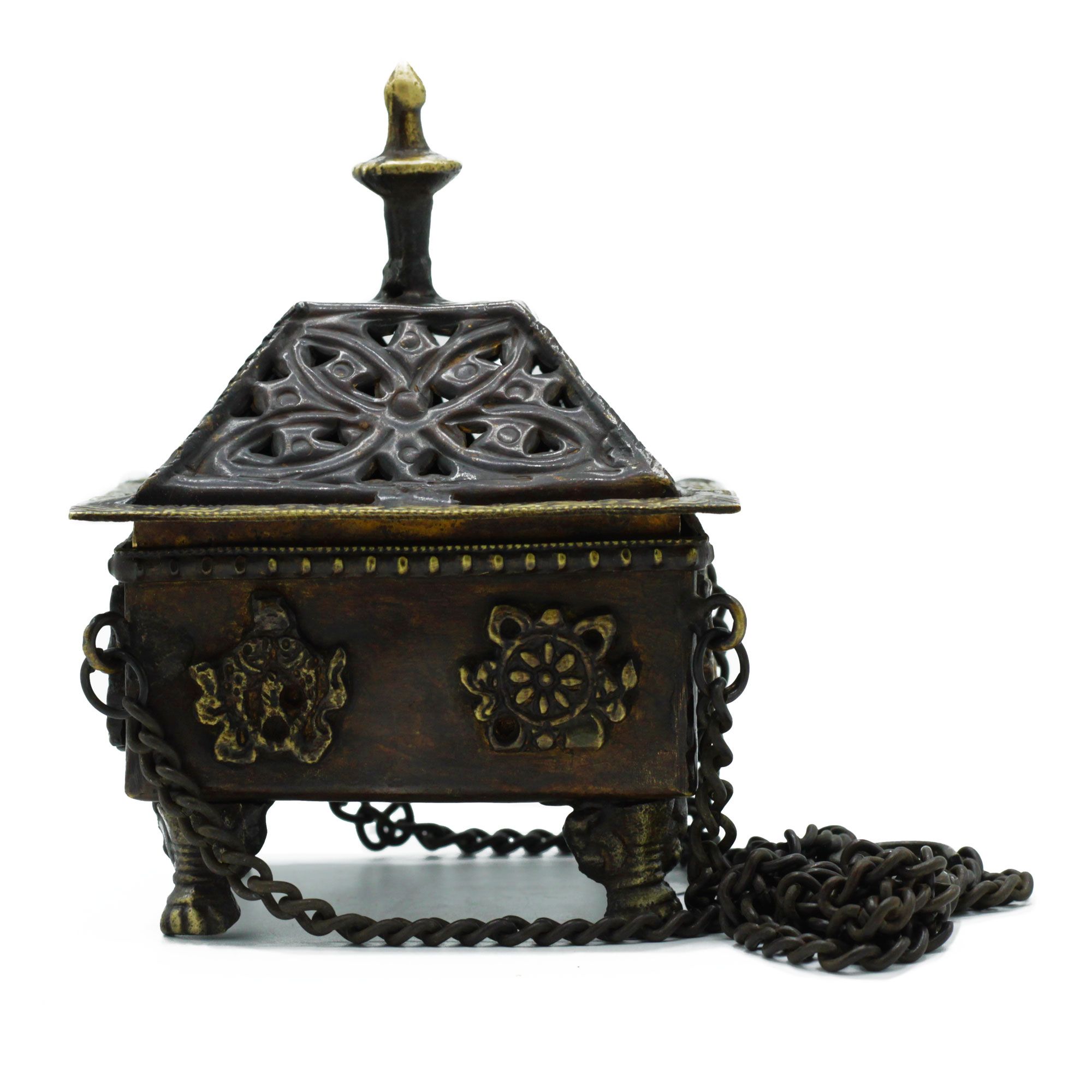 Brass Tibetan Burner – Eight Symbols Square Hanging Pot Brass Tibetan Burner – Eight Symbols Square Hanging Pot