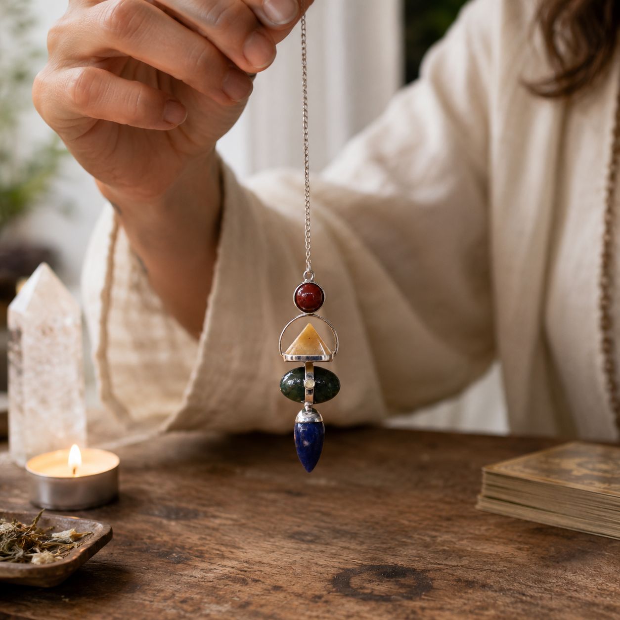 Four Elements Gemstone Pendulum – Red Jasper, Yellow Adventurine, Moss Agate, Sodalite & Moonstone 3 Four Elements Gemstone Pendulum – Red Jasper, Yellow Adventurine, Moss Agate, Sodalite & Moonstone