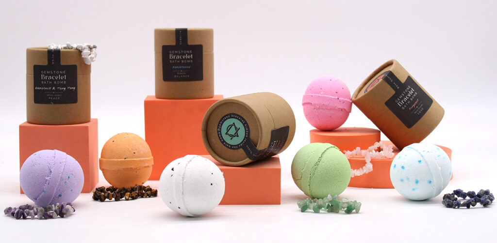 Crystal bath bomb gift sets with a matching bracelet inside.