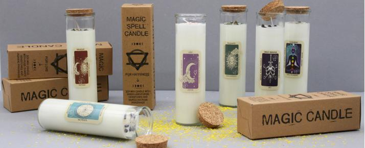 Spell Candles with crystals in glass jars